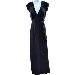 BCBGMAXAZRIA Callie Maxi Dress Size 0 Black Flutter Sleeve V Neck Slit Front
