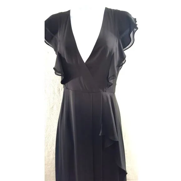 BCBGMAXAZRIA Callie Maxi Dress Size 0 Black Flutter Sleeve V Neck Slit Front