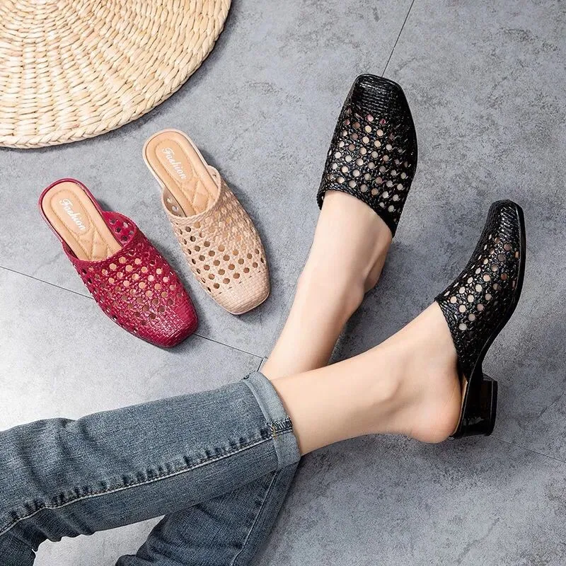 Beach Shoes Slippers,Soft Sandals,Hollow Out Summer Mid Heels