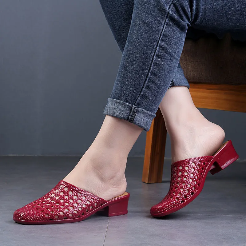 Beach Shoes Slippers,Soft Sandals,Hollow Out Summer Mid Heels