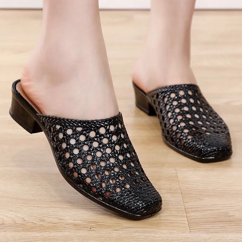 Beach Shoes Slippers,Soft Sandals,Hollow Out Summer Mid Heels