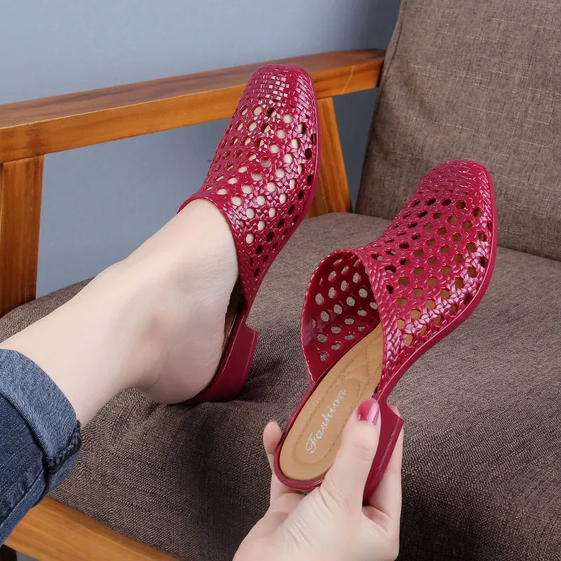 Beach Shoes Slippers,Soft Sandals,Hollow Out Summer Mid Heels