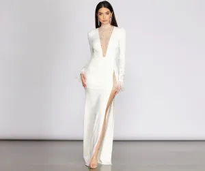 Beka Mesh And Heat Graceful Stone High Slit Dress