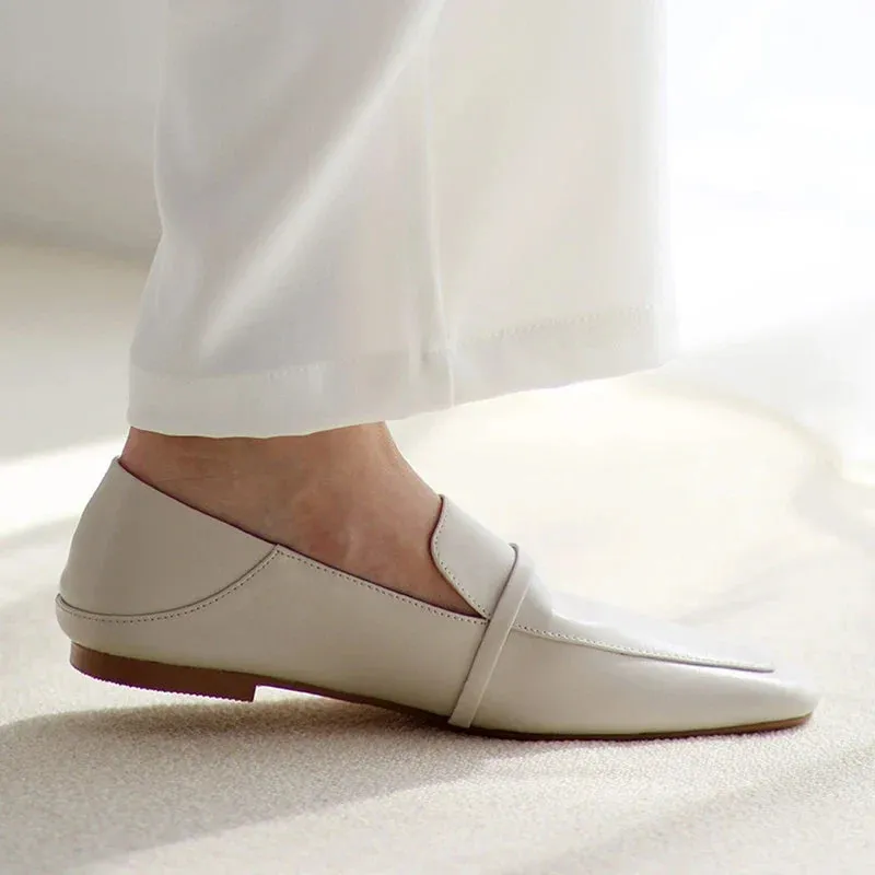 binfenxie  -  Cow Leather Square Toe Women Flats Casual Loafers Women Shoe Without Heel 2024 New Spring Autumn Mules Woman Simple White Shoes