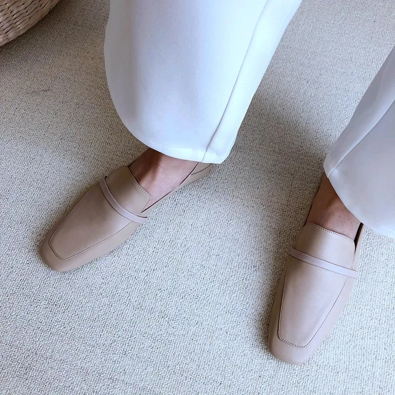 binfenxie  -  Cow Leather Square Toe Women Flats Casual Loafers Women Shoe Without Heel 2024 New Spring Autumn Mules Woman Simple White Shoes