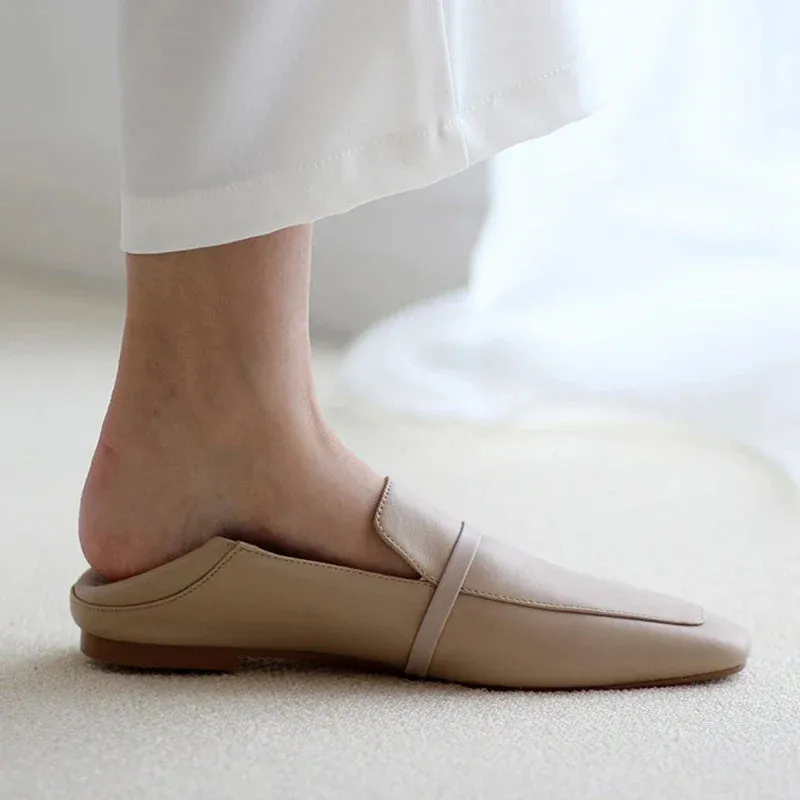 binfenxie  -  Cow Leather Square Toe Women Flats Casual Loafers Women Shoe Without Heel 2024 New Spring Autumn Mules Woman Simple White Shoes