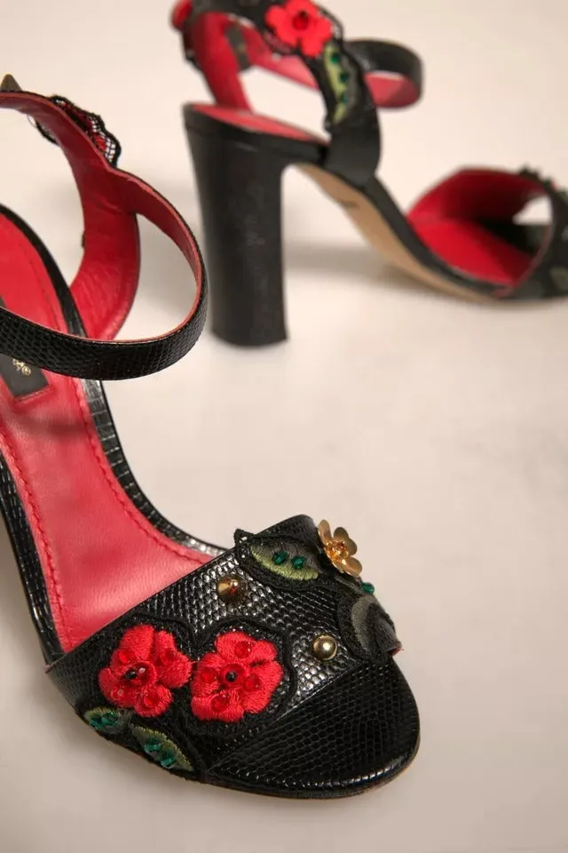 Black Embossed Carnation Heeled Sandals Shoes