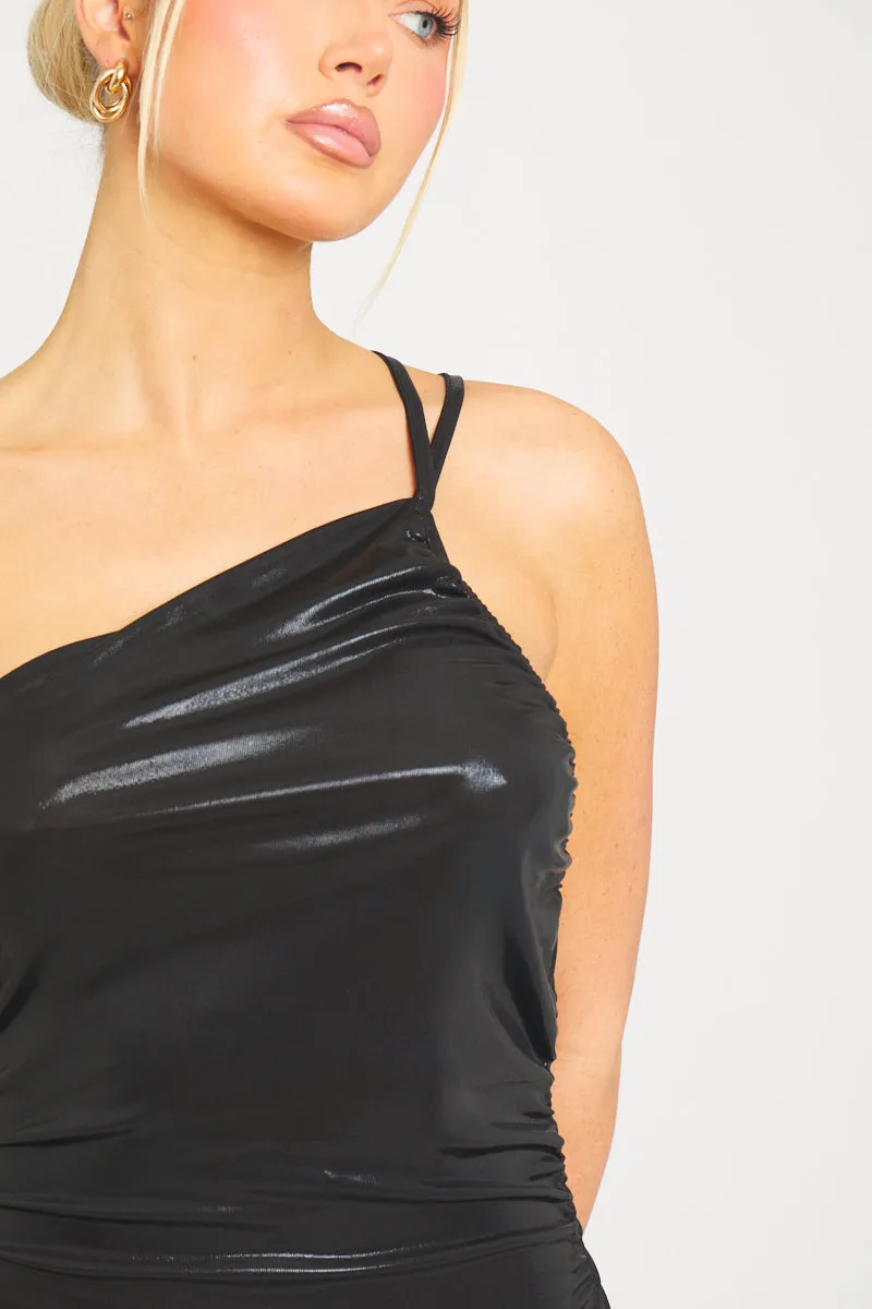 Black Faux Leather One-Shoulder Maxi Dress | Edgy & Sleek | Statement Glam
