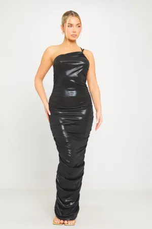 Black Faux Leather One-Shoulder Maxi Dress | Edgy & Sleek | Statement Glam