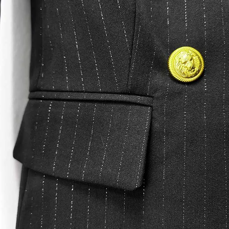 Black Pinstripe Double-Breasted Pantsuit Wide-Leg Formal Suit