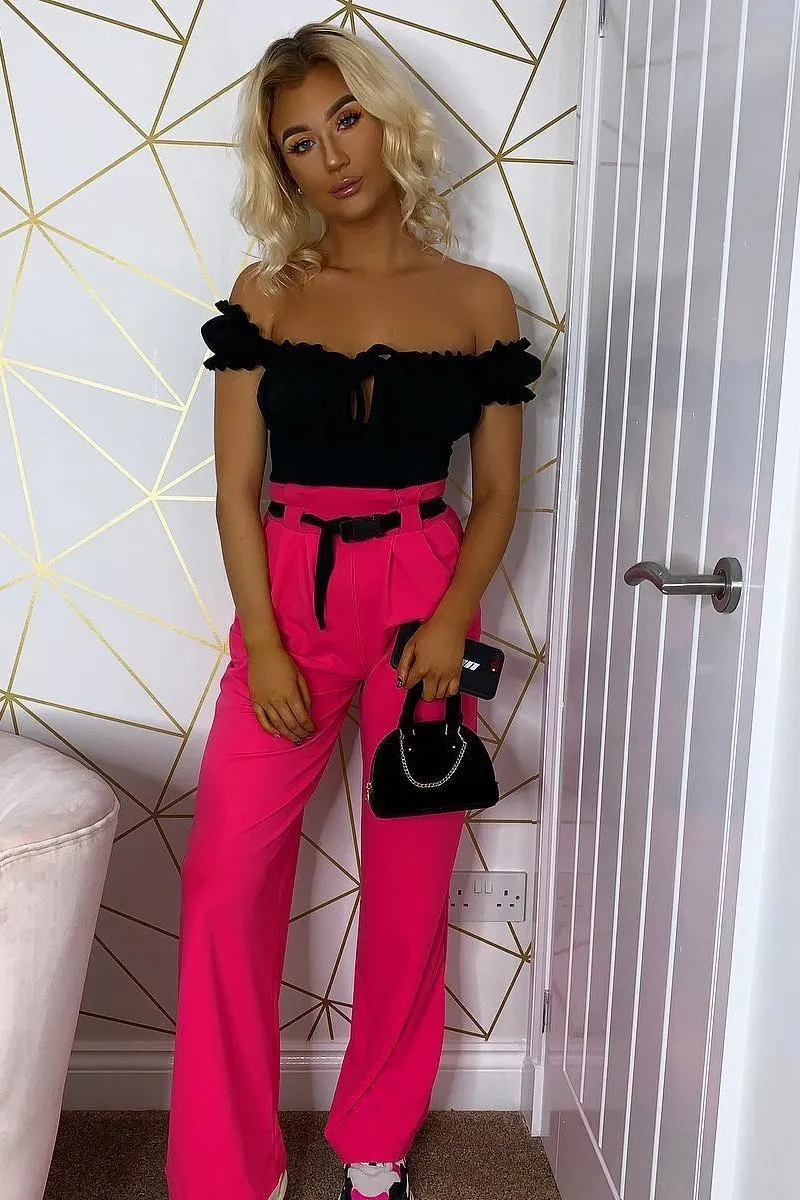 Black Ruffle Tie Front Bardot Crop Top - Pandora