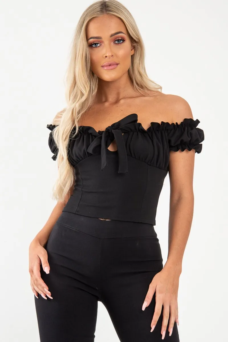 Black Ruffle Tie Front Bardot Crop Top - Pandora