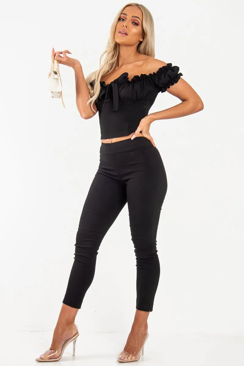Black Ruffle Tie Front Bardot Crop Top - Pandora