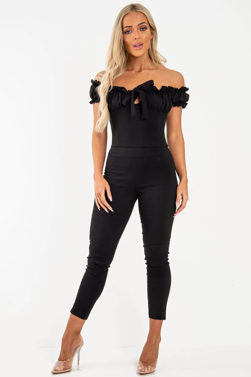 Black Ruffle Tie Front Bardot Crop Top - Pandora