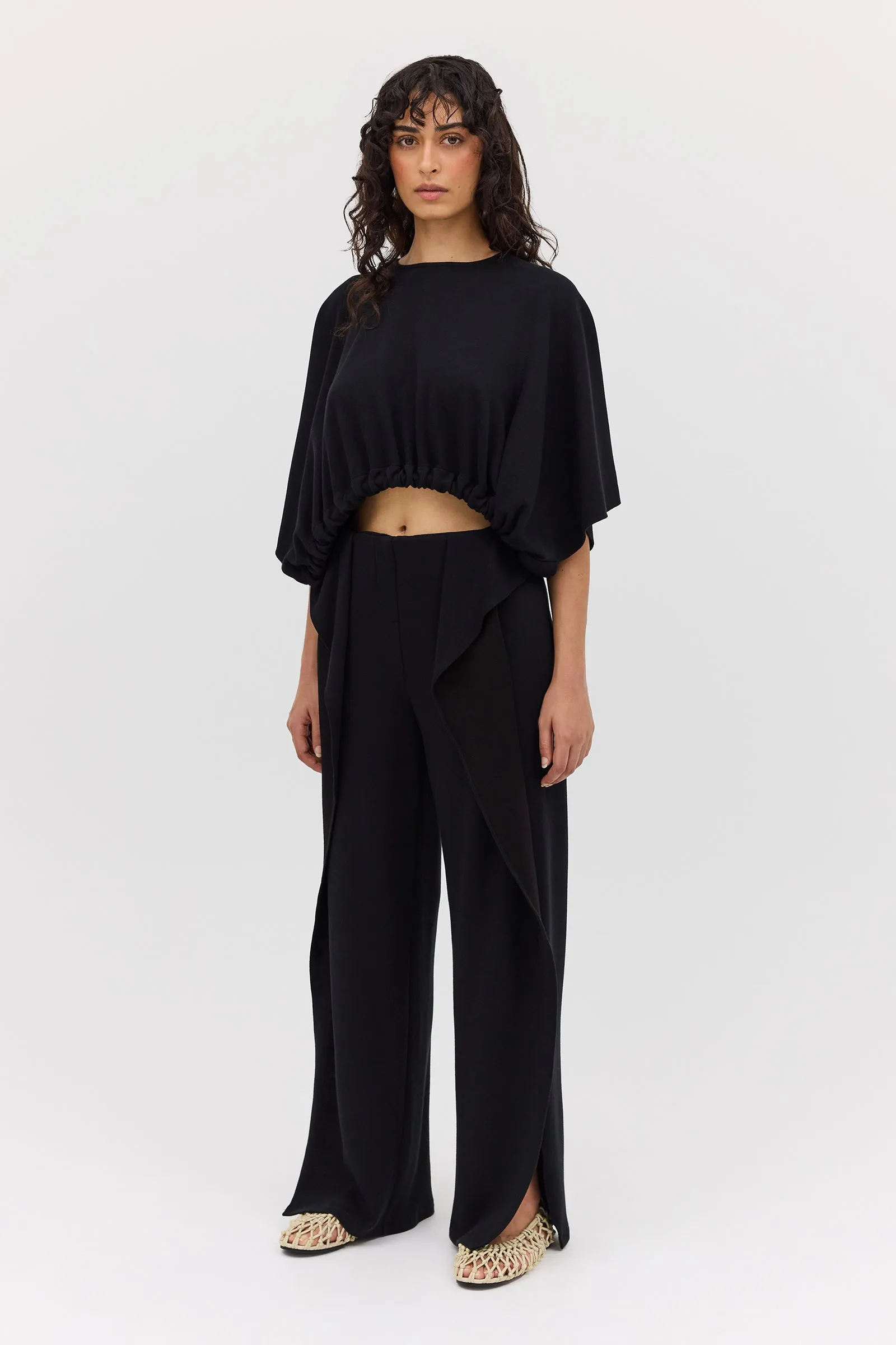 BLACK WOOL JERSEY SIDE VENT PANT