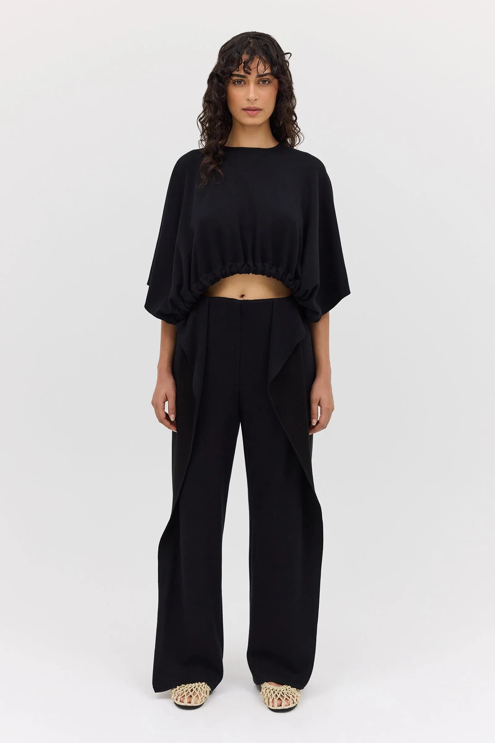 BLACK WOOL JERSEY SIDE VENT PANT
