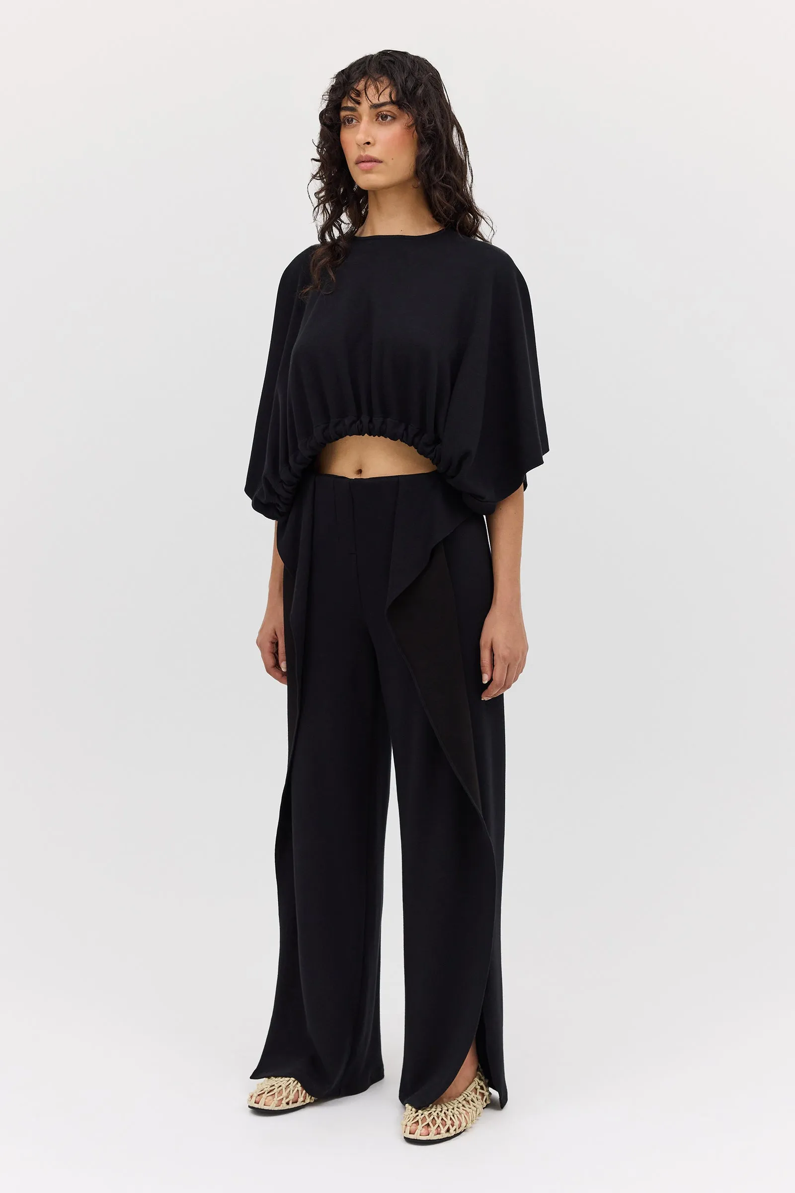 BLACK WOOL JERSEY SIDE VENT PANT