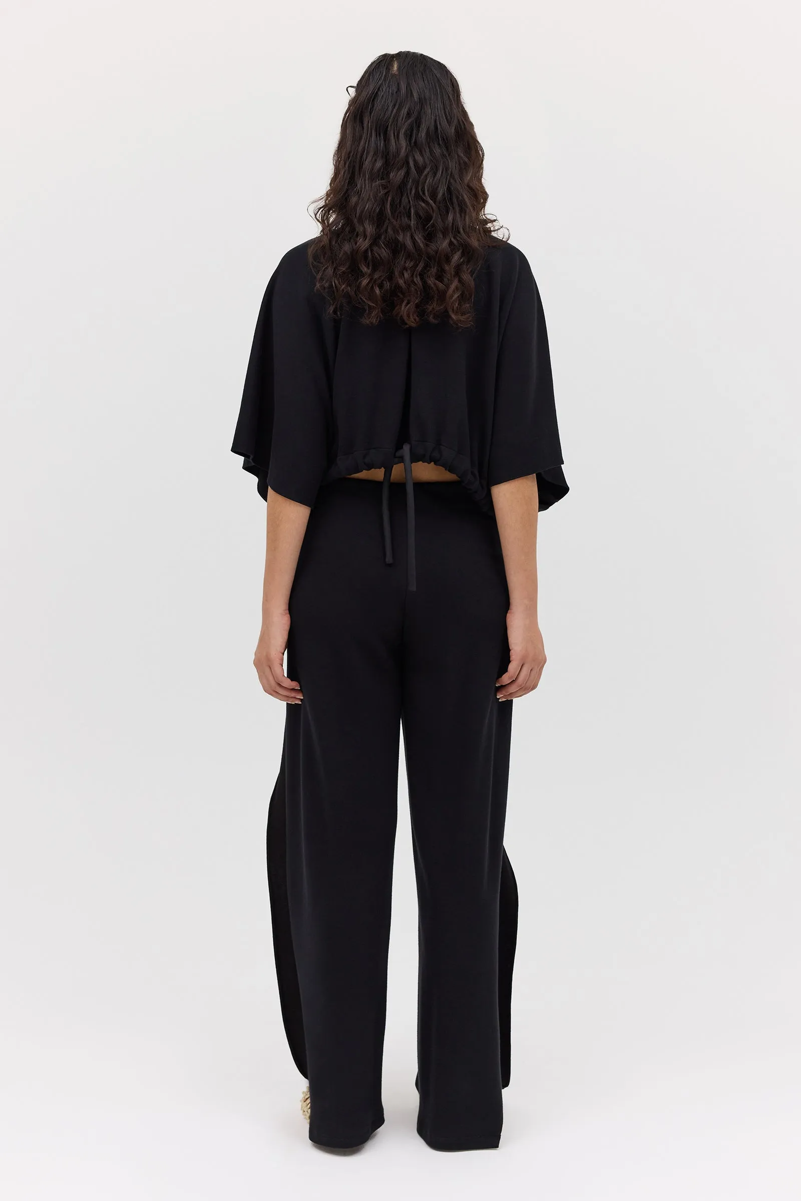 BLACK WOOL JERSEY SIDE VENT PANT