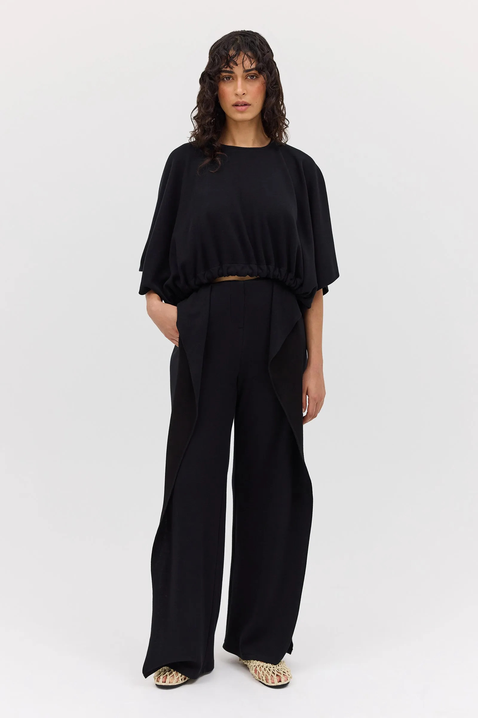 BLACK WOOL JERSEY SIDE VENT PANT