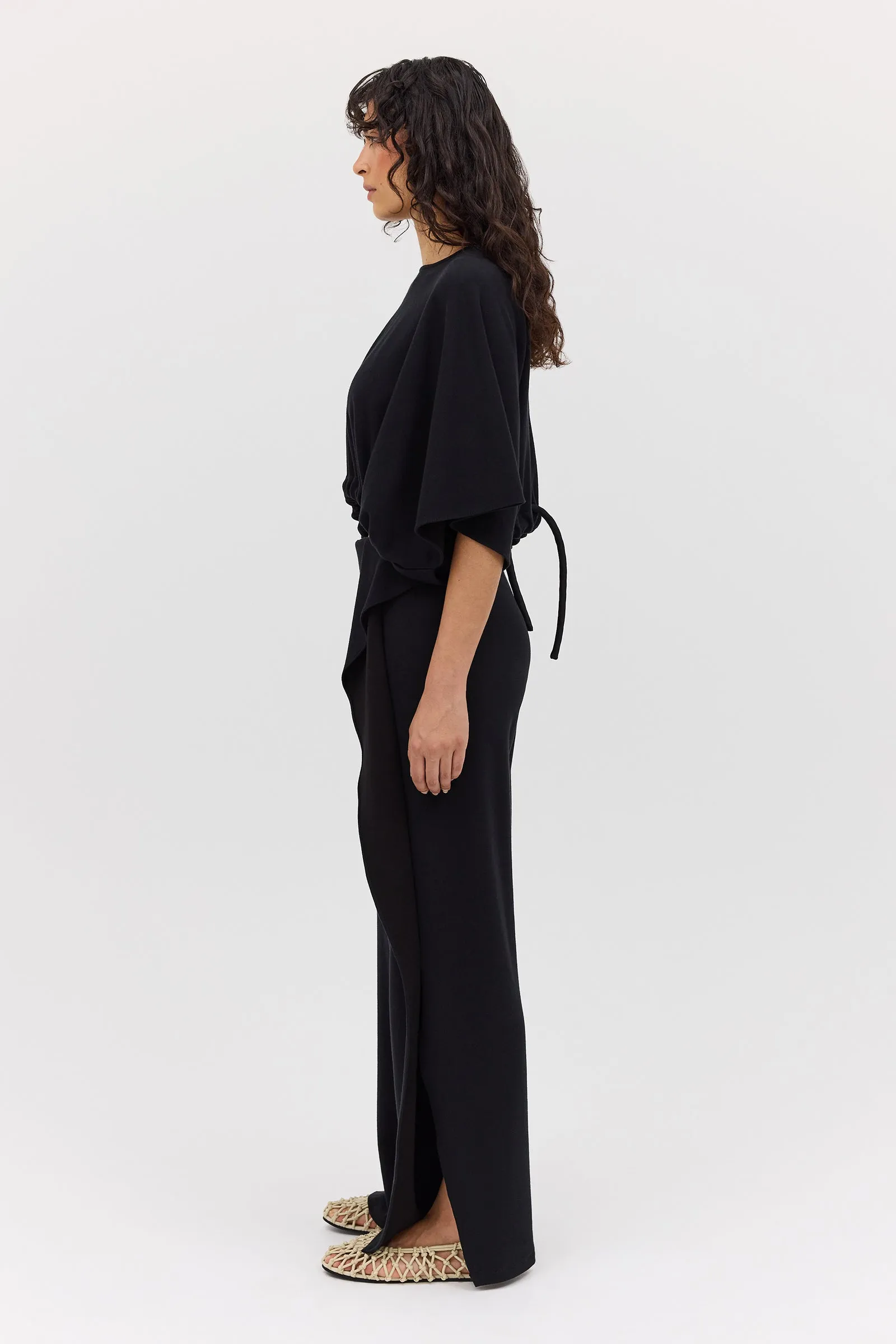 BLACK WOOL JERSEY SIDE VENT PANT