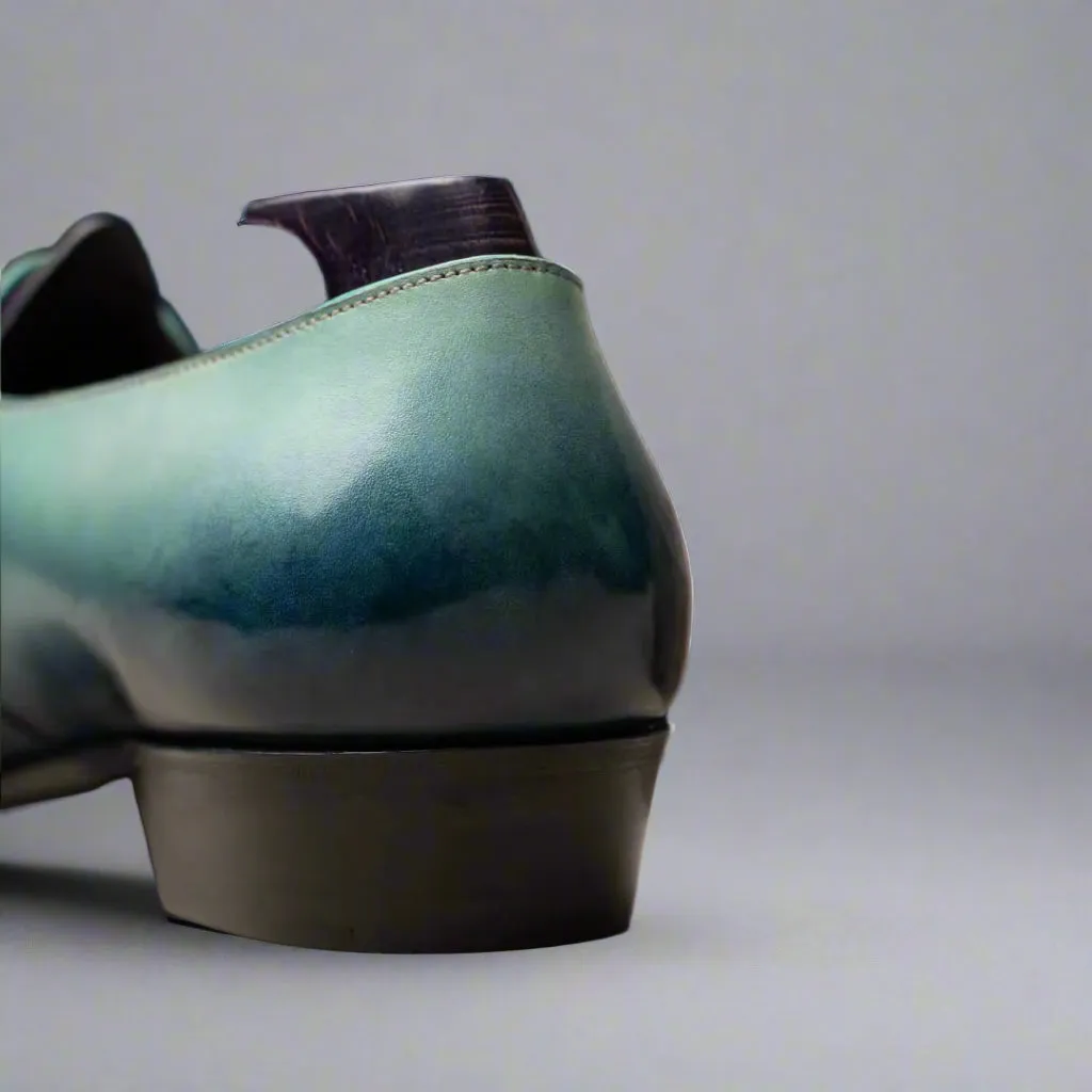 Blue Italian Leather Patina Finish Monkstrap Shoes - Formal shoes - Monk Shoes