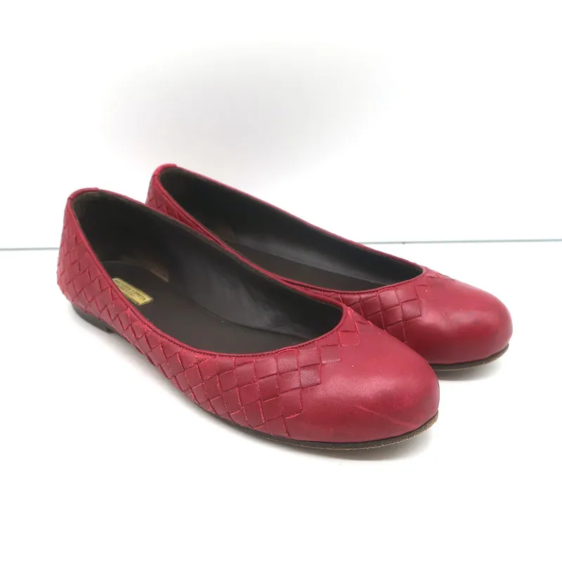 Bottega Veneta Intrecciato Leather Ballet Flats Red Size 38