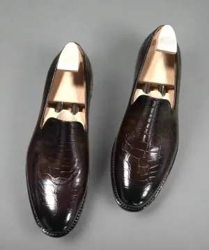Brown Croc Print Leather Lugo Loafers - Loafers