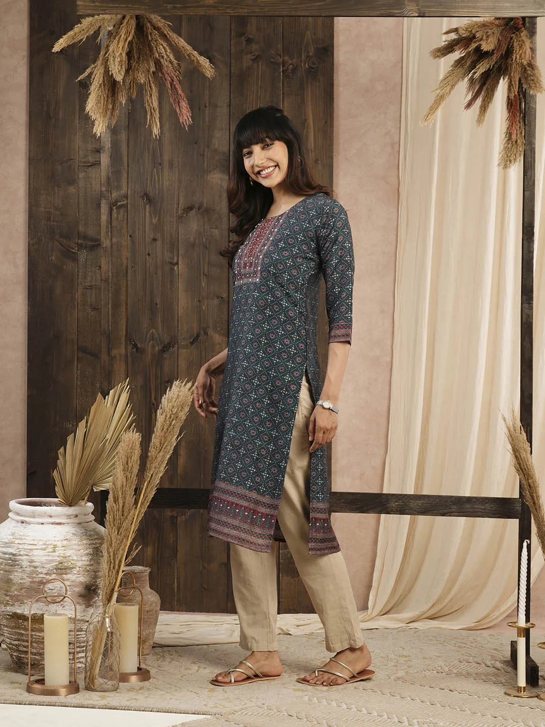 Buy Teal Muslin Kurta for Women's Comfort Fit Casual Wear - Zola