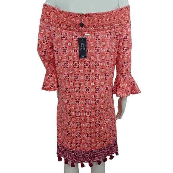Cabana Life Off Shoulder Dress Size Large Pink Tassels Beach Coverup UPF 50  NWT
