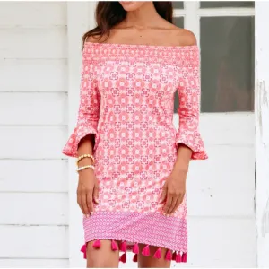 Cabana Life Off Shoulder Dress Size Large Pink Tassels Beach Coverup UPF 50  NWT