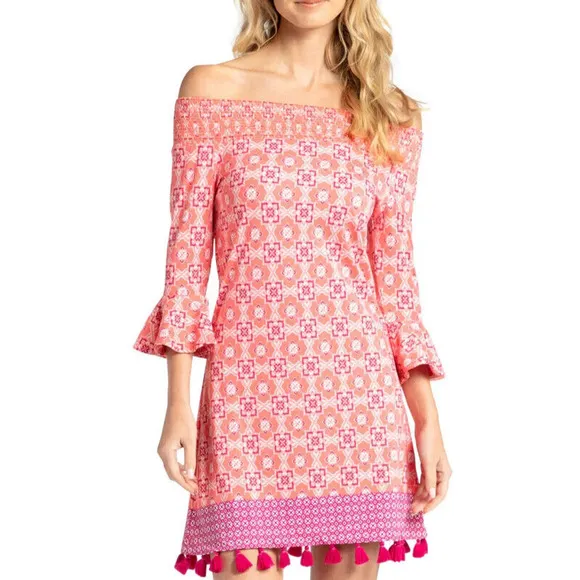 Cabana Life Off Shoulder Dress Size Large Pink Tassels Beach Coverup UPF 50  NWT