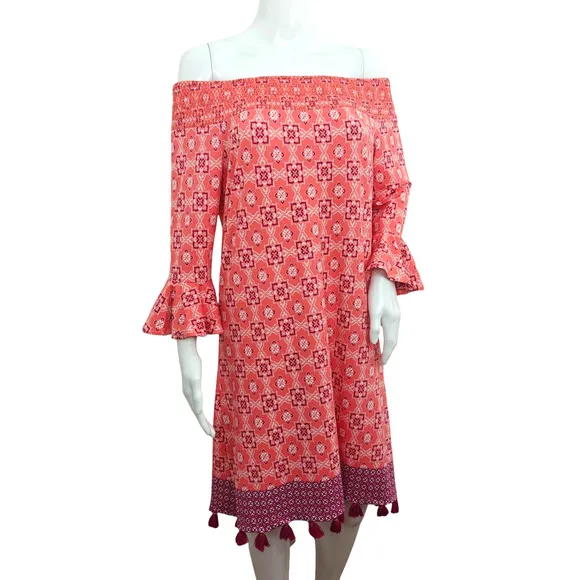 Cabana Life Off Shoulder Dress Size Large Pink Tassels Beach Coverup UPF 50  NWT