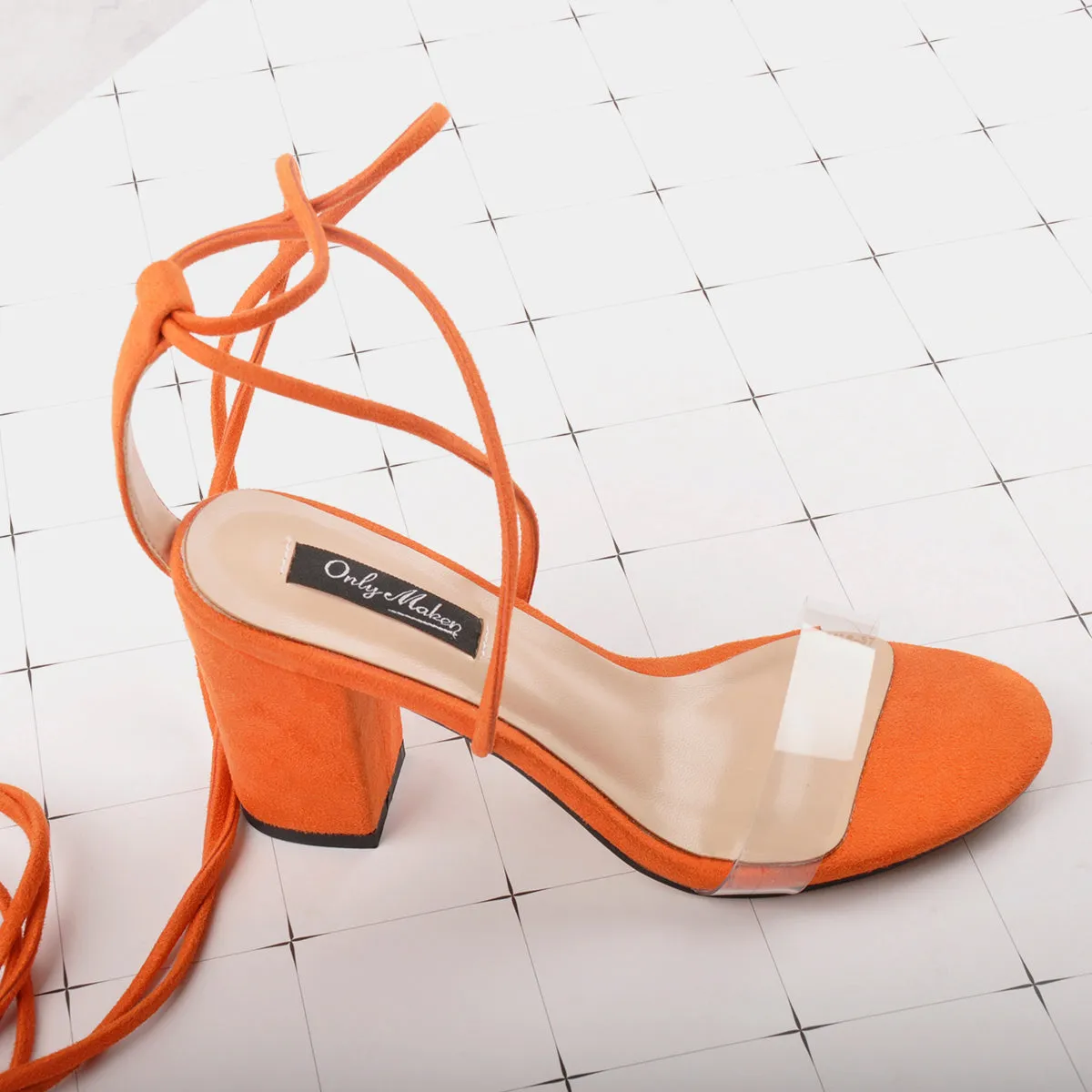 Chunky High Heel Orange Lace Up Sandals