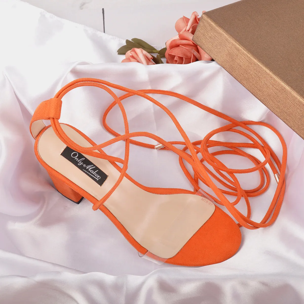 Chunky High Heel Orange Lace Up Sandals