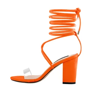Chunky High Heel Orange Lace Up Sandals