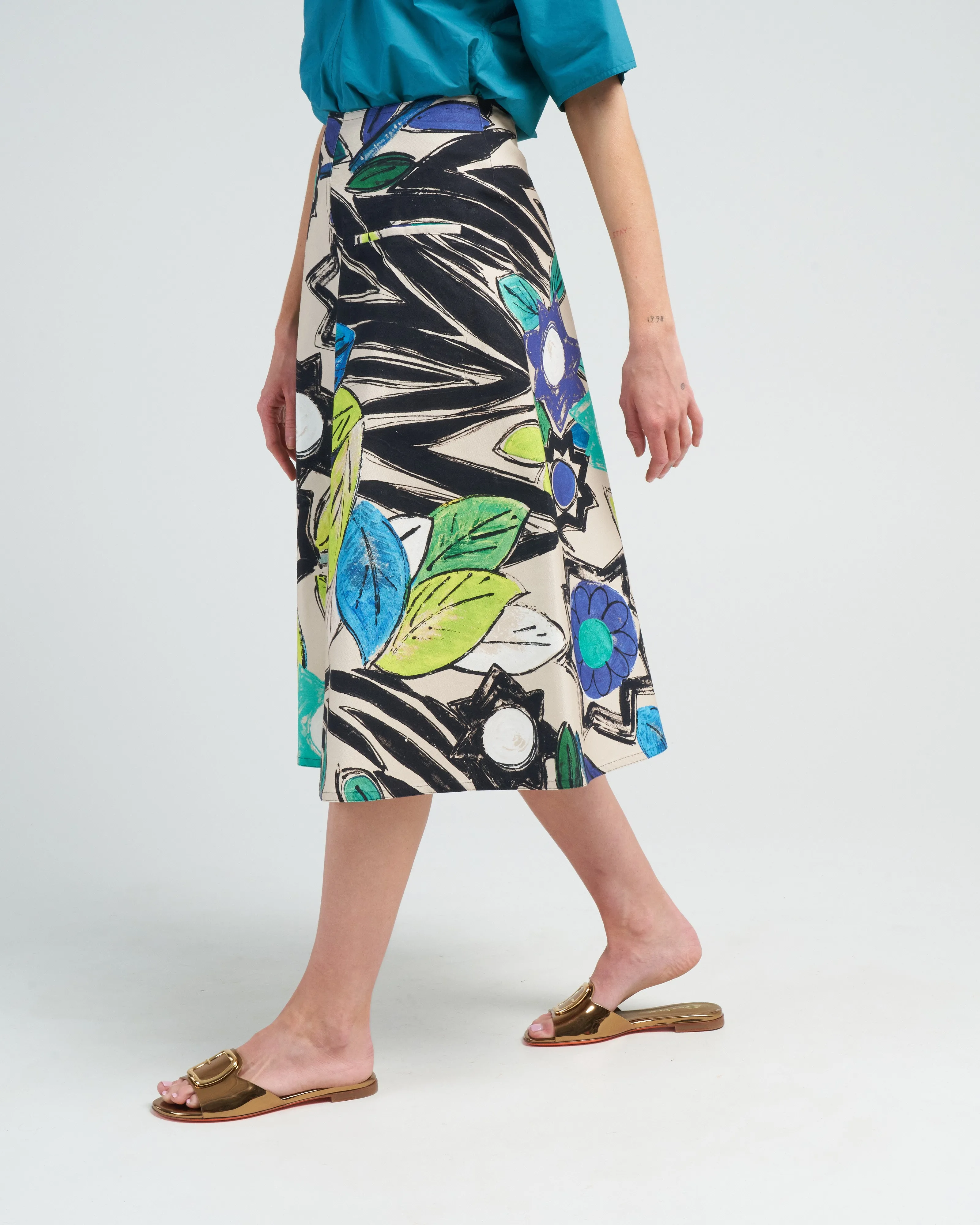 cotton canvas skirt - blue flower