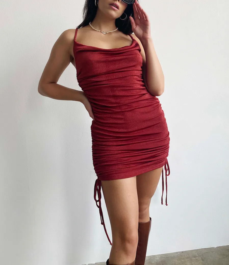 Cowl Ruch Tie Jersey Mini Dress