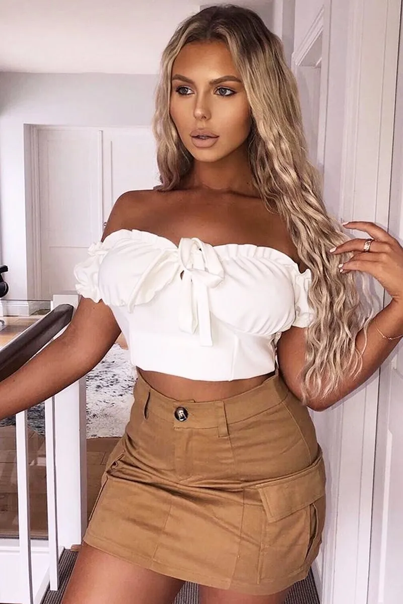 Cream Ruffle Tie Front Bardot Crop Top - Pandora