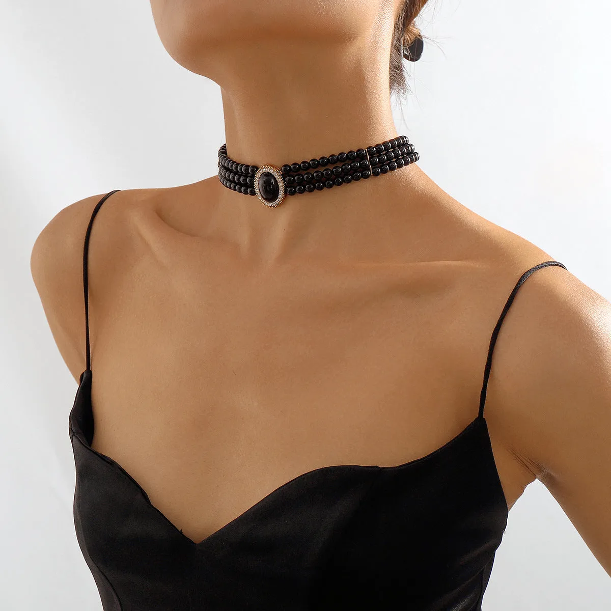 Cubic Zirconia & Black Resin 18K Gold-Plated Oval Layered Choker Necklace