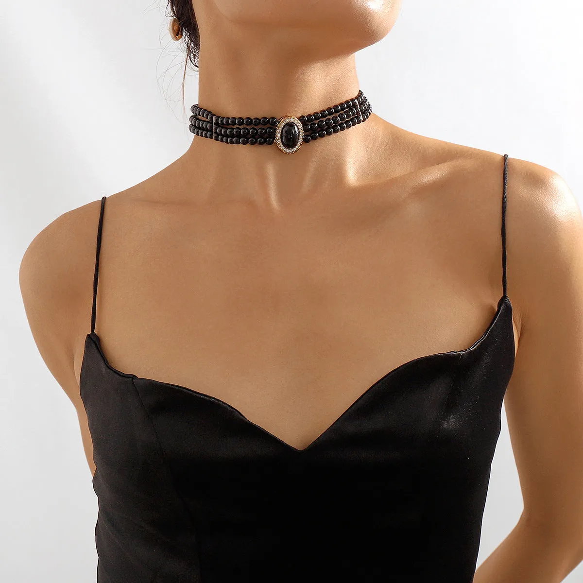 Cubic Zirconia & Black Resin 18K Gold-Plated Oval Layered Choker Necklace