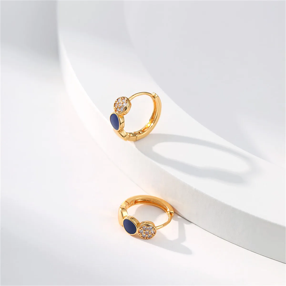 Cubic Zirconia & Navy Enamel 18K Gold-Plated Round Huggie Earrings