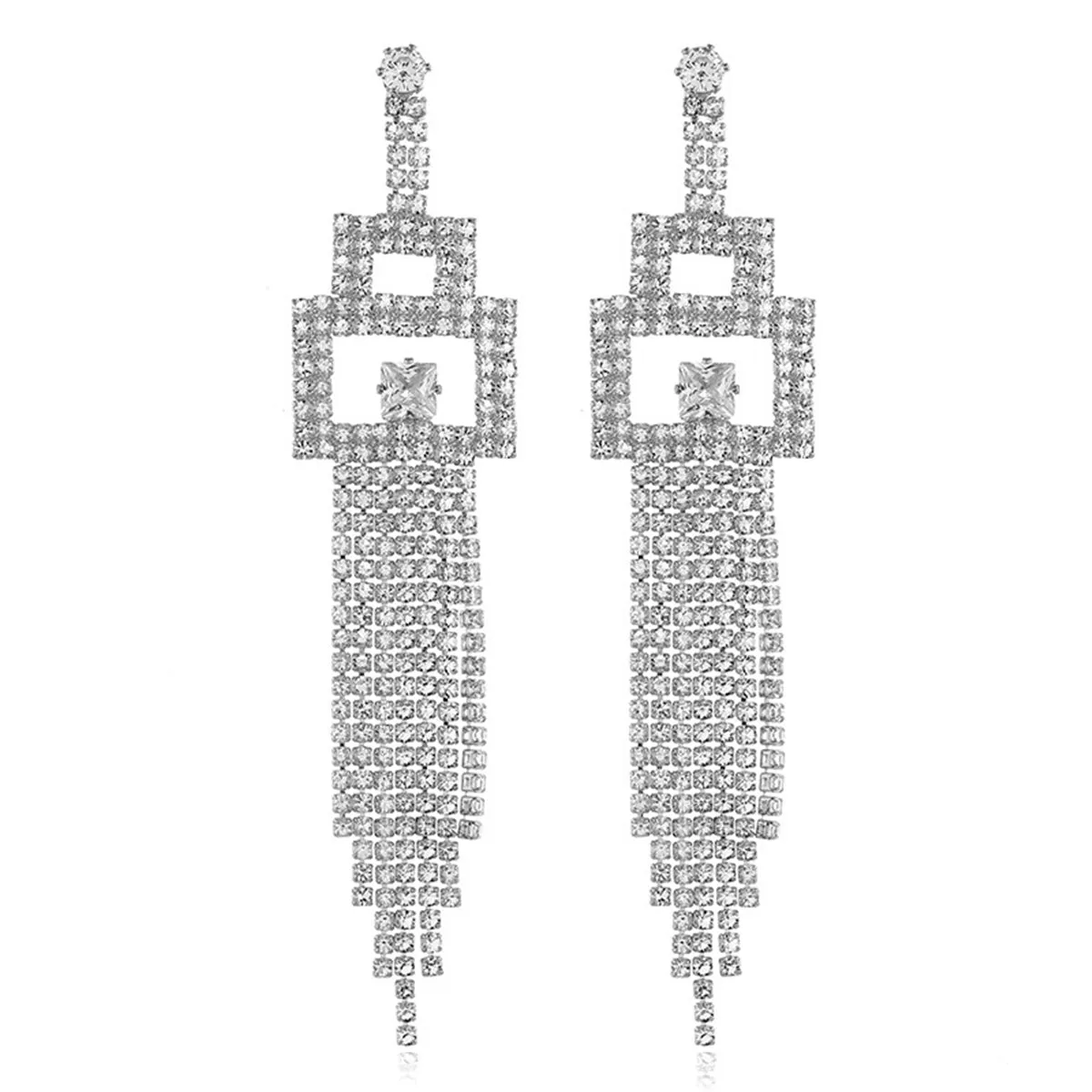 Cubic Zirconia & Silver-Plated Rectangle Tassel Drop Earrings