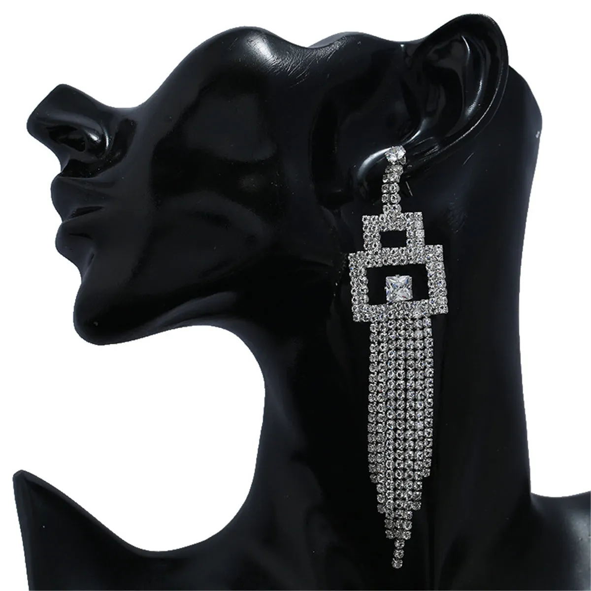 Cubic Zirconia & Silver-Plated Rectangle Tassel Drop Earrings