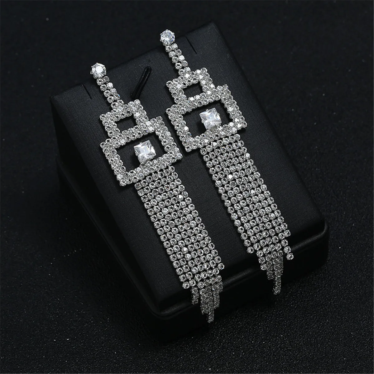 Cubic Zirconia & Silver-Plated Rectangle Tassel Drop Earrings