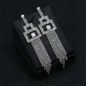 Cubic Zirconia & Silver-Plated Rectangle Tassel Drop Earrings