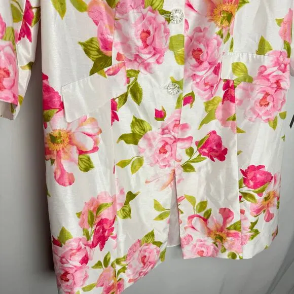 Danillo Woman Floral Textured Satin Long Blazer 3/4 Sleeve Button Up Elegant 20W