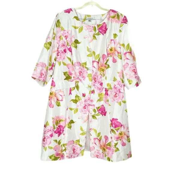 Danillo Woman Floral Textured Satin Long Blazer 3/4 Sleeve Button Up Elegant 20W