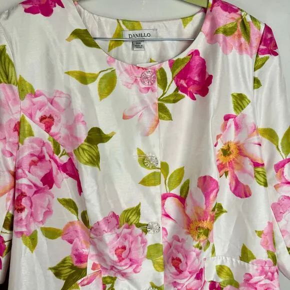 Danillo Woman Floral Textured Satin Long Blazer 3/4 Sleeve Button Up Elegant 20W