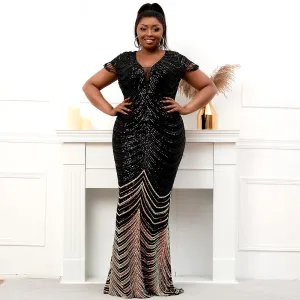 Deep V Neck Evening Maxi Dress Women's Long Sequin Prom Dress