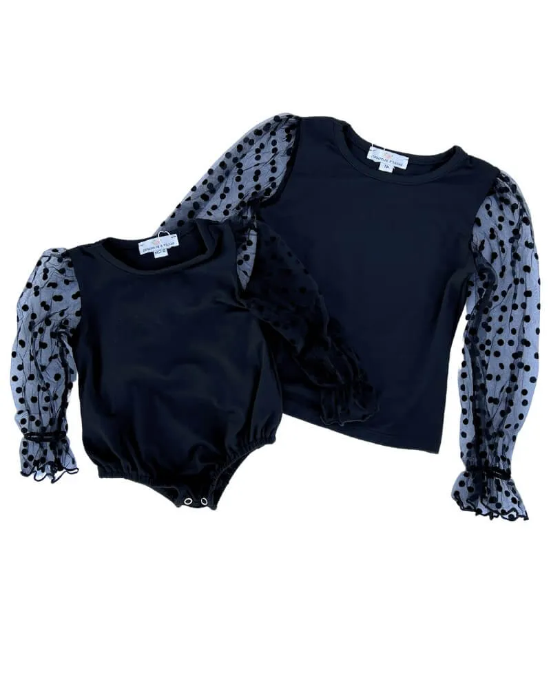 Destinee Sheer Dot Sleeve Top & Leotard - Black